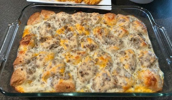 Biscuits and Gravy with Sausage and Egg Breakfast Casserole