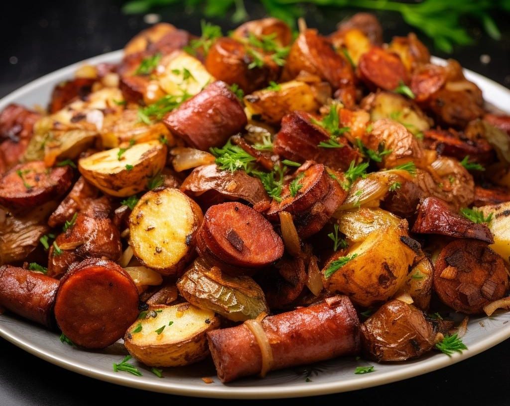 Fried Potatoes Onions And Smoked Polish Sausage