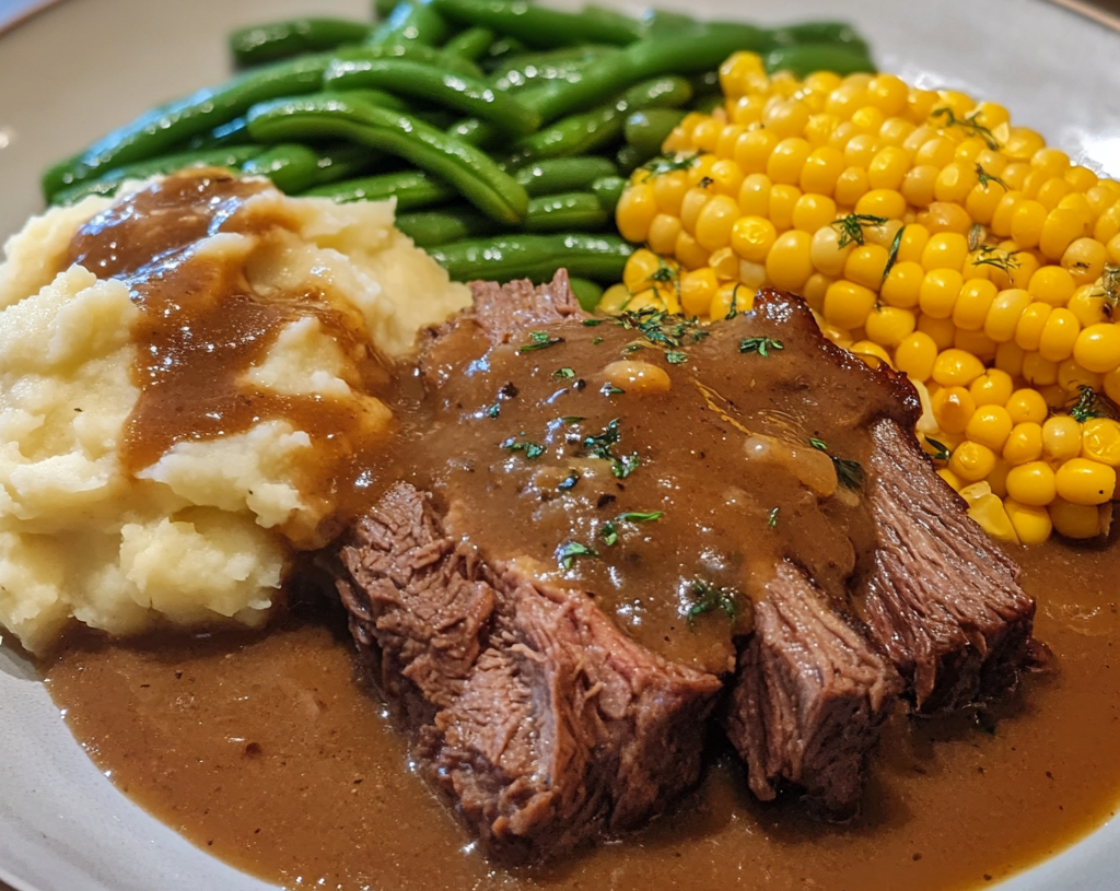 Beef Roast with Mashed Potatoes, Green Beans, Gravy & Corn