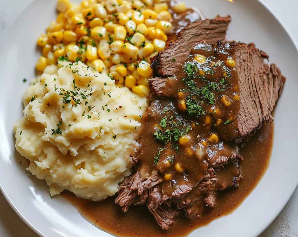 Beef Roast with Mashed Potatoes, Corn, and Gravy