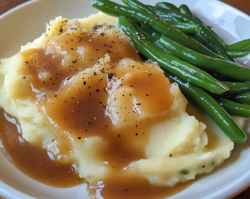 Mashed Potatoes and Green Beans with Gravy