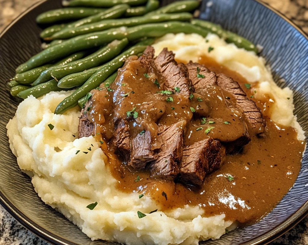 Beef Roast with Mashed Potatoes, Green Beans, and Gravy