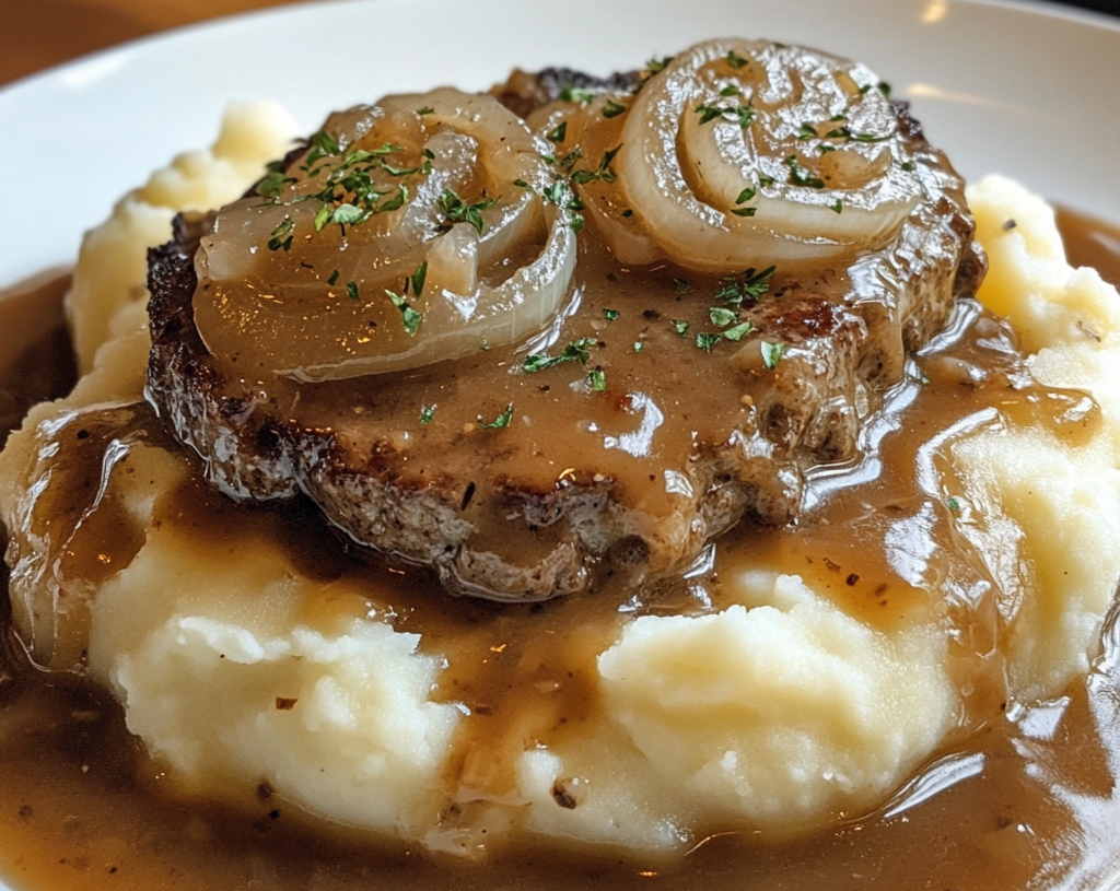 Mashed Potatoes, Hamburger Steak, and Onion Gravy