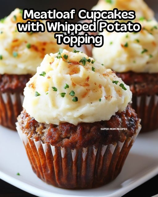 Meatloaf Cupcakes with Whipped Potato Topping Ingredients: For the Meatloaf Cupcakes: 1 pound ground beef 1/2 pound ground pork (optional, or use more ground beef) 1/2 cup breadcrumbs 1/4 cup milk 1 small onion, finely chopped 2 cloves garlic, minced 1 large egg, beaten 2 tablespoons ketchup 1 tablespoon Worcestershire sauce 1 teaspoon dried thyme 1 teaspoon salt 1/2 teaspoon black pepper 1/2 teaspoon smoked paprika 1/2 cup shredded cheddar cheese (optional) For the Whipped Potato Topping: 4 large potatoes, peeled and cubed 1/4 cup butter 1/2 cup milk or heavy cream Salt and pepper to taste 1/4 cup sour cream (optional) Fresh chives or parsley, chopped (optional, for garnish) Preparation: For the Meatloaf Cupcakes: Preheat oven: Preheat your oven to 375°F (190°C). Grease a 12-cup muffin tin. Soak breadcrumbs: In a large bowl, combine the breadcrumbs and milk. Let it sit for a few minutes to absorb the liquid. Mix the meatloaf: Add the ground beef, ground pork (if using), chopped onion, minced garlic, beaten egg, ketchup, Worcestershire sauce, thyme, salt, black pepper, and smoked paprika to the breadcrumb mixture. Mix until just combined. If using, fold in the shredded cheddar cheese. Shape the cupcakes: Divide the meat mixture evenly among the muffin cups, pressing the mixture down to fill each cup. Bake: Bake in the preheated oven for 20-25 minutes, or until the meatloaf cupcakes are cooked through and the internal temperature reaches 160°F (71°C). Remove from the oven and let them rest in the pan for a few minutes. For the Whipped Potato Topping: Cook the potatoes: While the meatloaf cupcakes are baking, place the cubed potatoes in a large pot and cover with water. Bring to a boil over medium-high heat and cook until the potatoes are tender, about 15-20 minutes. Drain the potatoes and return them to the pot. Mash the potatoes: Add the butter, milk or heavy cream, and sour cream (if using) to the potatoes. Mash until smooth and creamy. Season with salt and pepper to taste. Pipe or spread the potatoes: Once the meatloaf cupcakes have cooled slightly, pipe or spread the mashed potatoes on top of each meatloaf cupcake to resemble frosting. You can use a piping bag with a large star tip for a decorative effect. Garnish and serve: Garnish with chopped fresh chives or parsley if desired. Serve warm. Enjoy your Meatloaf Cupcakes with Whipped Potato Topping!