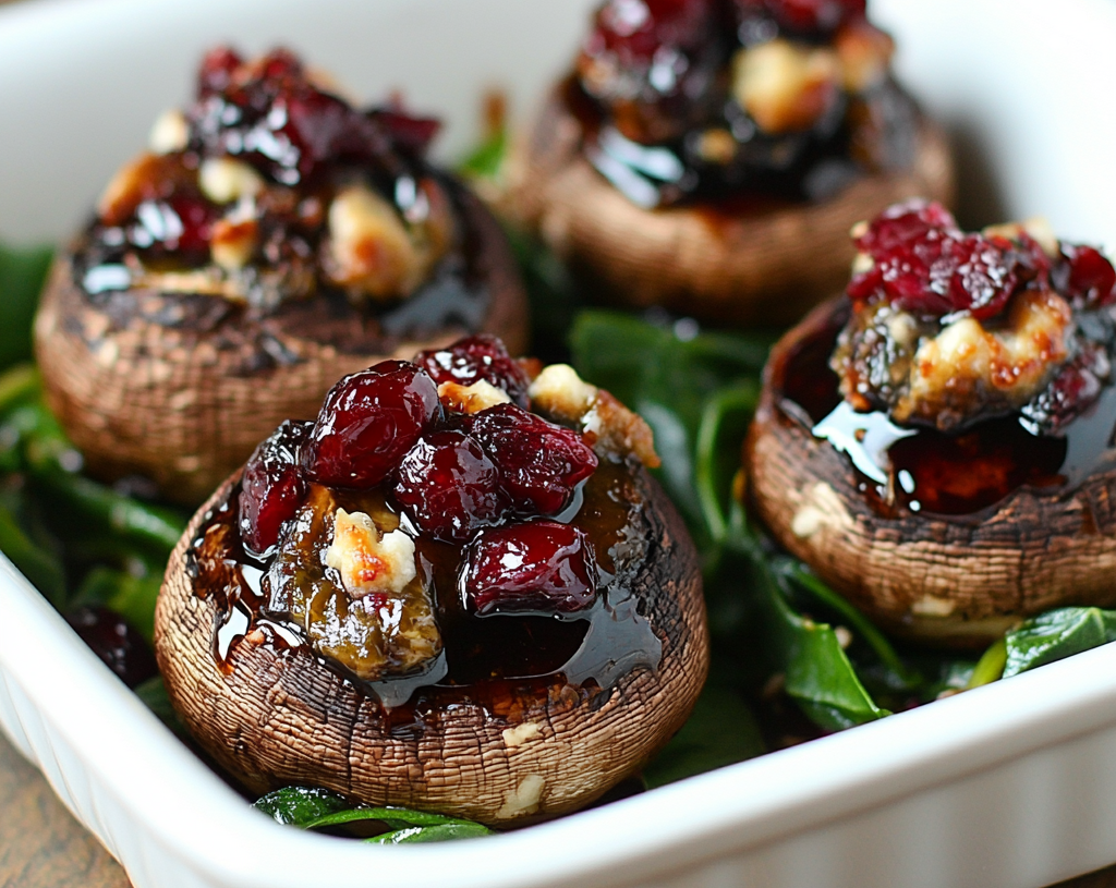 Balsamic-Glazed Cranberry & Goat Cheese Stuffed Mushrooms with Spinach