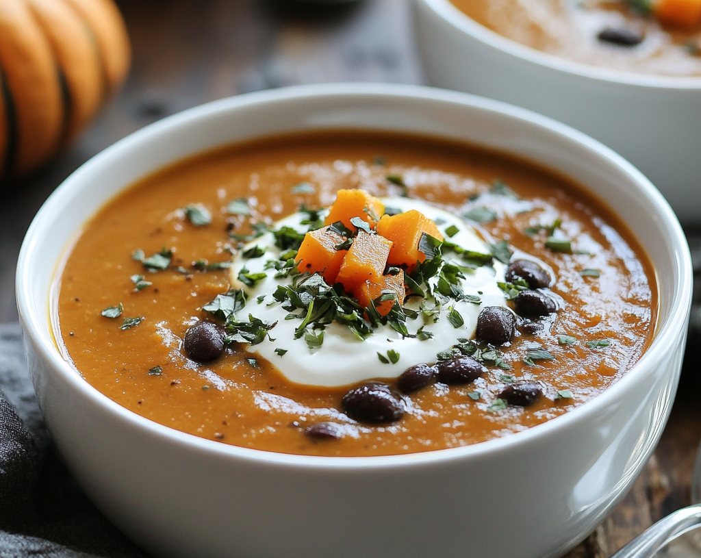 Black Bean, Pumpkin, and Butternut Squash Soup with Cream Cheese