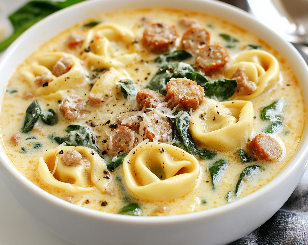 Creamy Tortellini Soup with Sausage, Spinach, and Parmesan