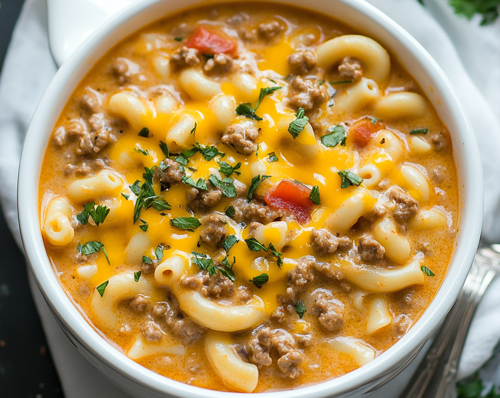 One-Pot Macaroni Cheeseburger Soup