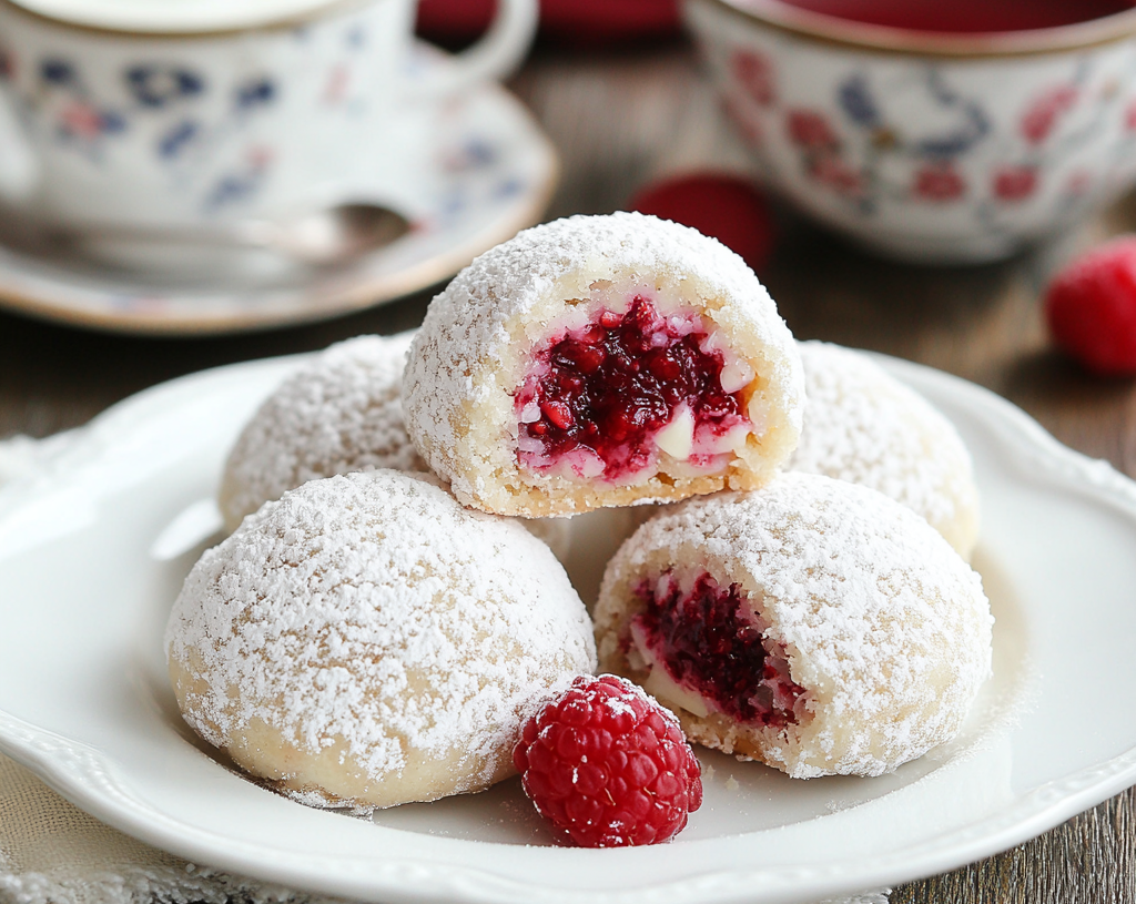 Raspberry-Filled Almond Snowball Cookies