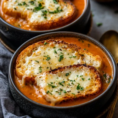 Tomato Soup with Cheese and Onion Toast