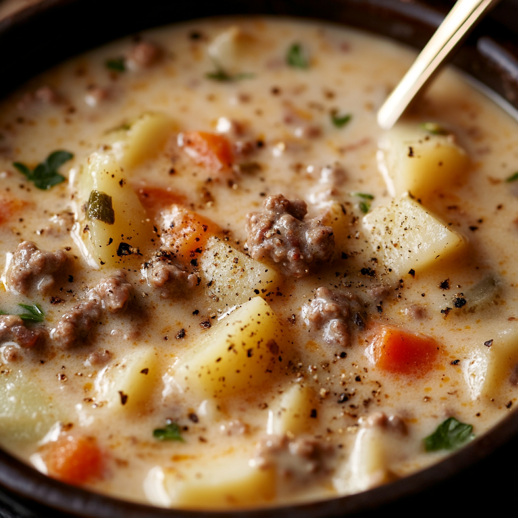 Crockpot Creamy Potato & Hamburger Soup ss Crockpot Creamy Potato & Hamburger Soup is an easy and quick healthy All Recipes keto dinner ideas recipes that you can cook if you like . In Tasty Recipes blog we got the best easy dinner,