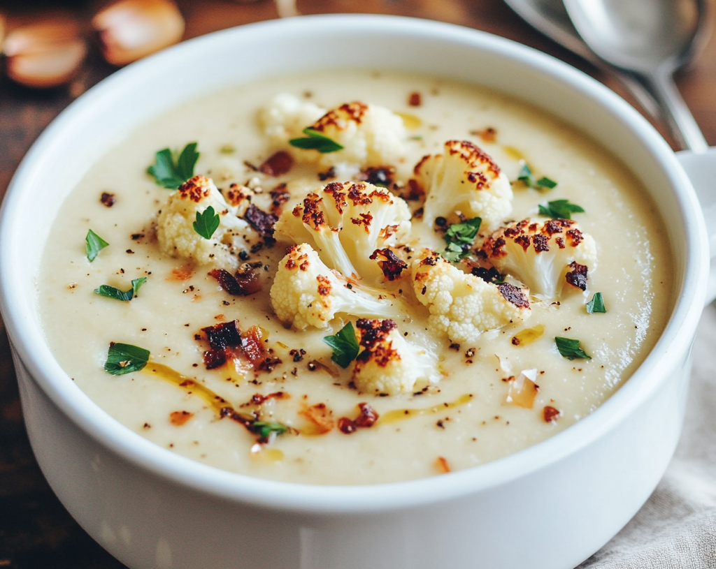 Cheddar Cauliflower and Roasted Garlic Soup