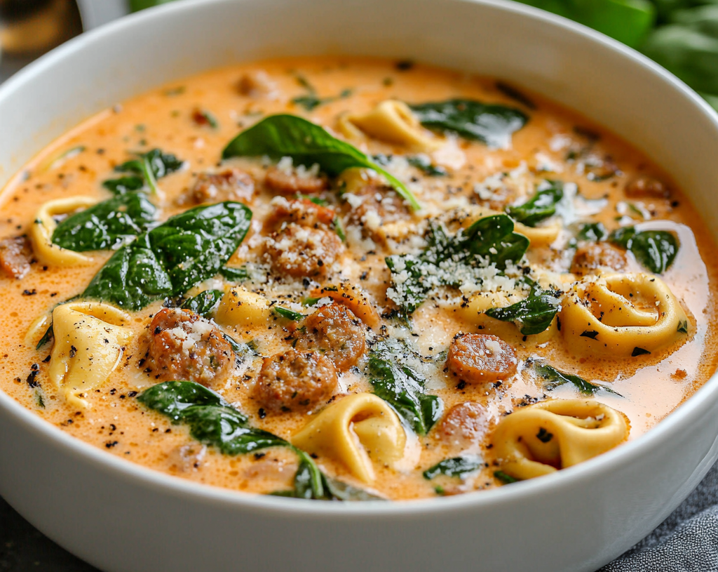 Creamy Tortellini Soup with Sausage, Spinach, and Parmesan