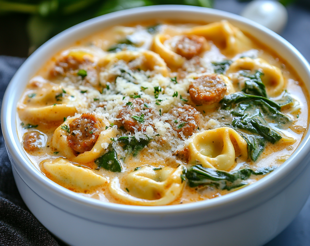 Creamy Tortellini Soup with Sausage, Spinach, and Parmesan