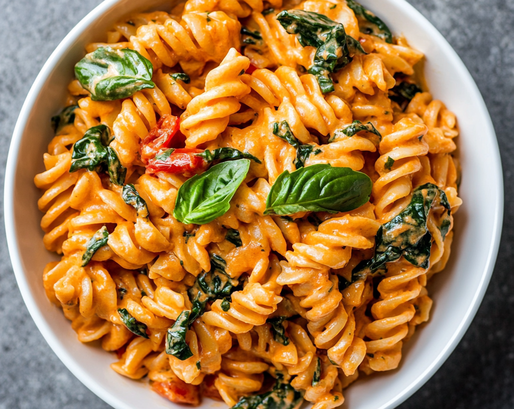 Vegan Creamy Tomato Pasta with Spinach and Basil